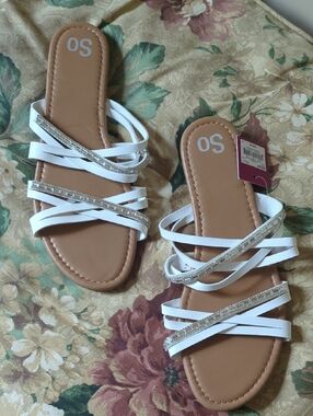 SO White Strappy Slide Sandals with Tan Footbed and Beaded Trim